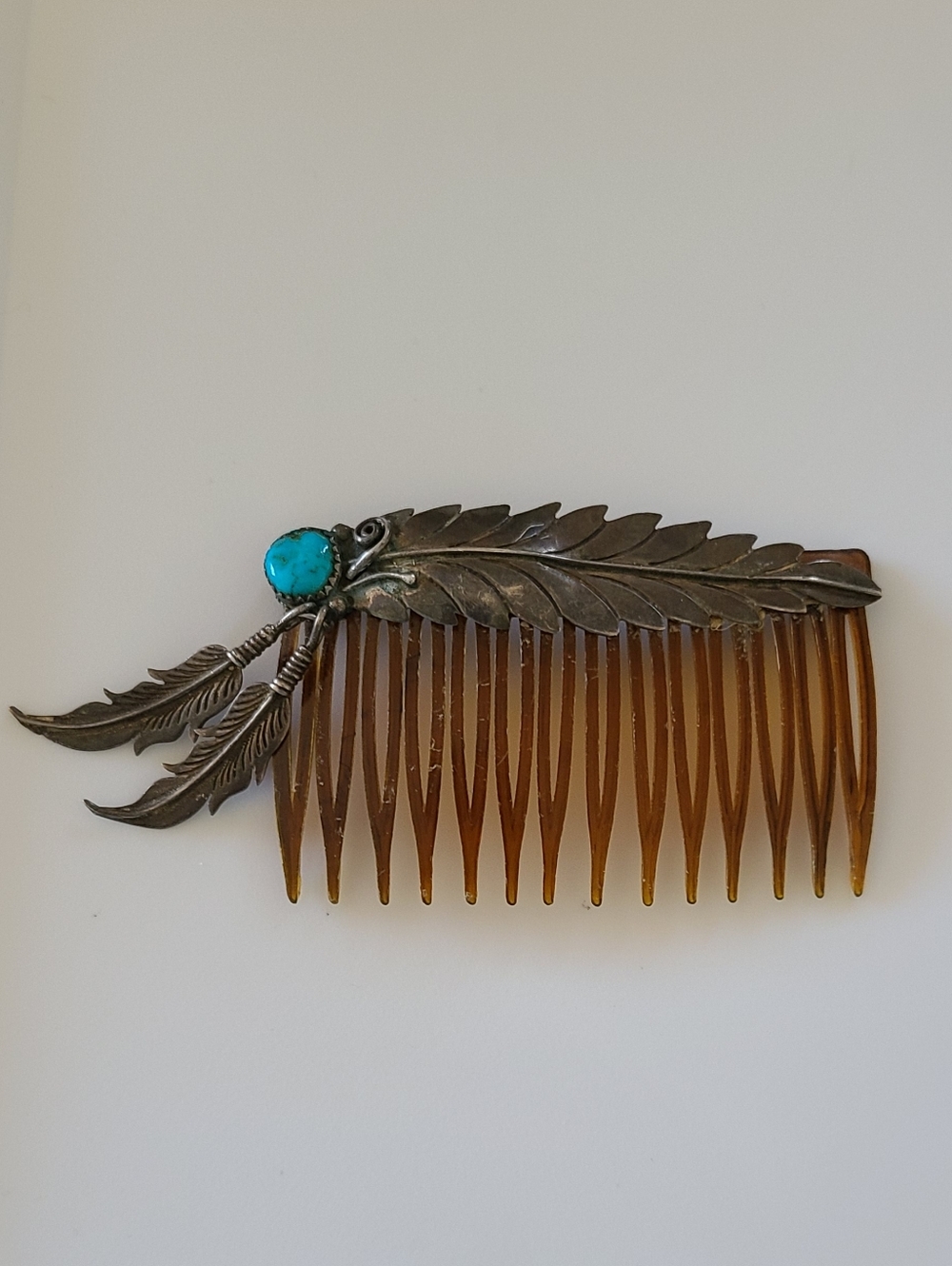 Vintage 40's Navajo Sterling Silver Turquoise Hair Comb Feathers 925 Estate NA
